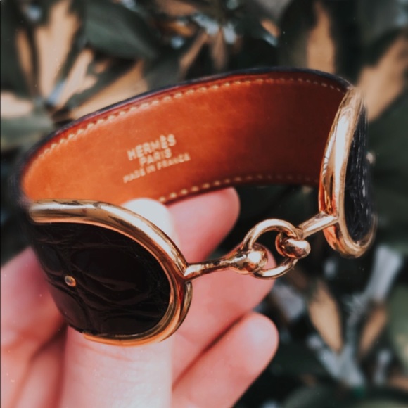 HERMÈS Vintage Chaine d Vintage Hermès 70s Black Crocodile Cuff Bracelet
